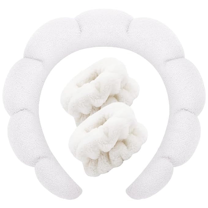 WHITE TERRY CLOTH SPA HEADBAND AND WRISTBAND SET